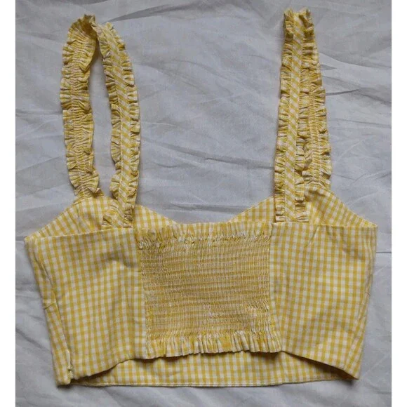 Zara Cropped Yellow White Gingham Tank Top Western Daisy Duke Boho Womens Small - Picture 7 of 12